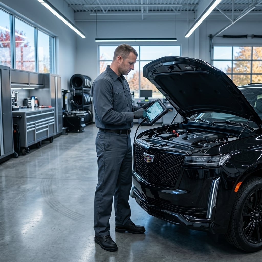 A focused automotive technician in a clean, modern service bay uses a rugged diagnostic tablet connected to the engine bay interface of a late-model luxury SUV. The technician wears a crisp, unbranded uniform, carefully reviewing data illuminated on the high-tech terminal screen. Soft overhead LED lighting mixes with cool blue highlights from the diagnostic display, casting crisp reflections on the polished concrete garage floor and glossy dark finish of the vehicle's fender. The composition is framed at eye level with a soft background blur emphasizing precision tool cabinets and high-end garage infrastructure. The scene portrays modern vehicle maintenance and technical expertise in a sleek, professional environment without brand logos or readable text. (Representative image for illustration purposes only. Actual vehicle may vary based on trim and configuration.)
