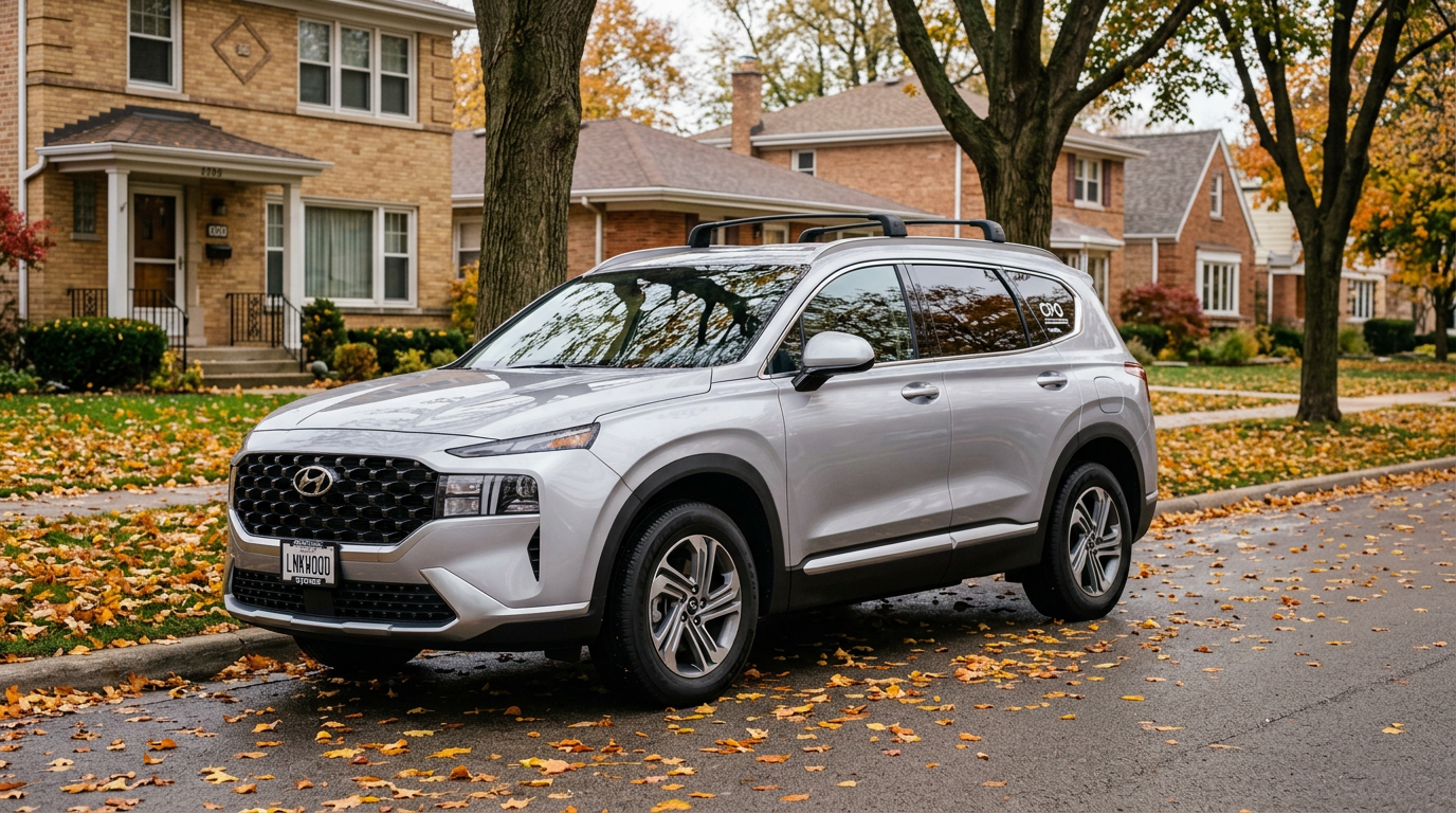 Silver Hyundai Santa Fe SUV parked on a tree-lined residential street covered in autumn leaves. (Representative image for illustration purposes only. Actual vehicle may vary based on trim and configuration.)