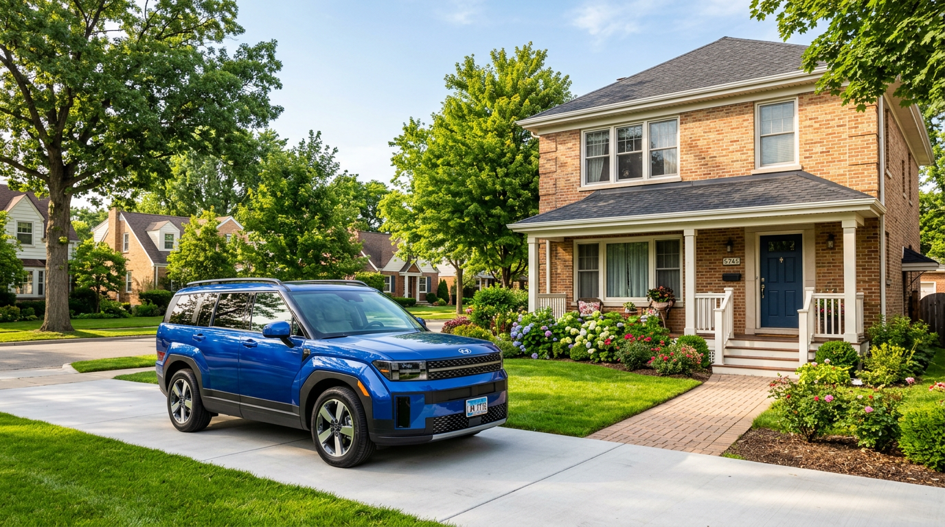 A modern blue SUV parked in a concrete driveway in front of a two-story brick house with a manicured lawn. (Representative image for illustration purposes only. Actual vehicle may vary based on trim and configuration.)