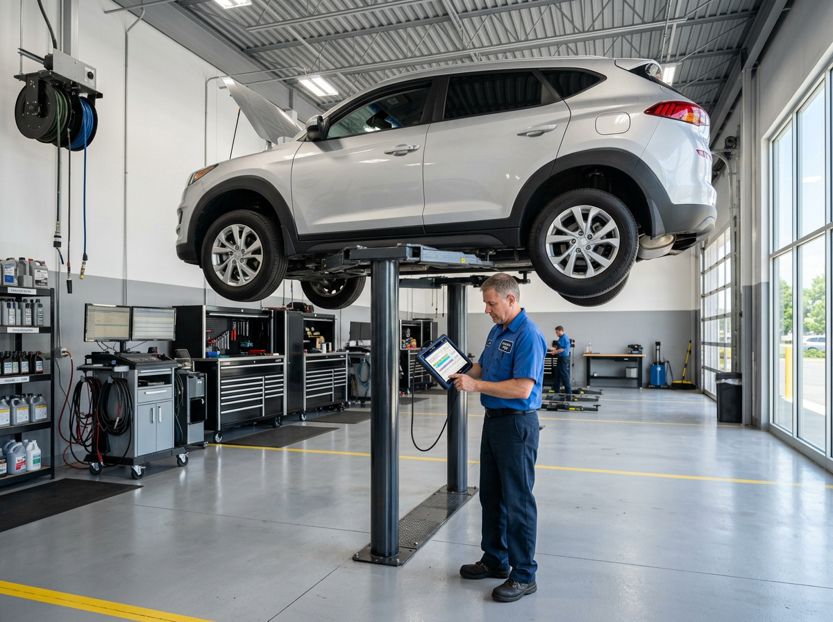 A mechanic in a blue uniform uses a tablet to diagnose a silver SUV lifted on a hydraulic hoist in a clean auto shop. (Representative image for illustration purposes only. Actual vehicle may vary based on trim and configuration.)