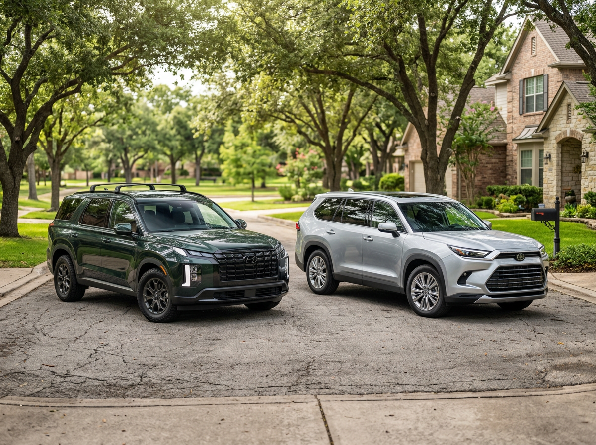 A dark green Hyundai Palisade and a silver Toyota Grand Highlander parked side by side on a paved suburban driveway. (Representative image for illustration purposes only. Actual vehicle may vary based on trim and configuration.)