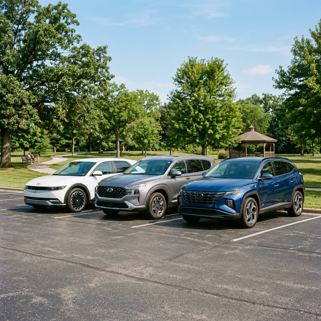 Three Hyundai SUVs parked side by side in a paved lot on a sunny day with green trees in the background. (Representative image for illustration purposes only. Actual vehicle may vary based on trim and configuration.)