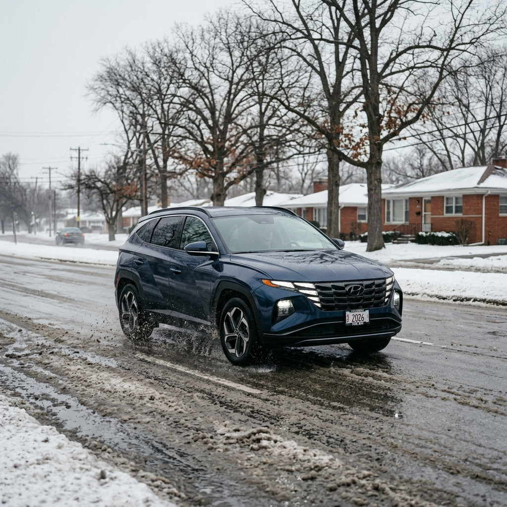 A dark blue Hyundai Tucson driving on a slushy, snowy street in winter. (Representative image for illustration purposes only. Actual vehicle may vary based on trim and configuration.)