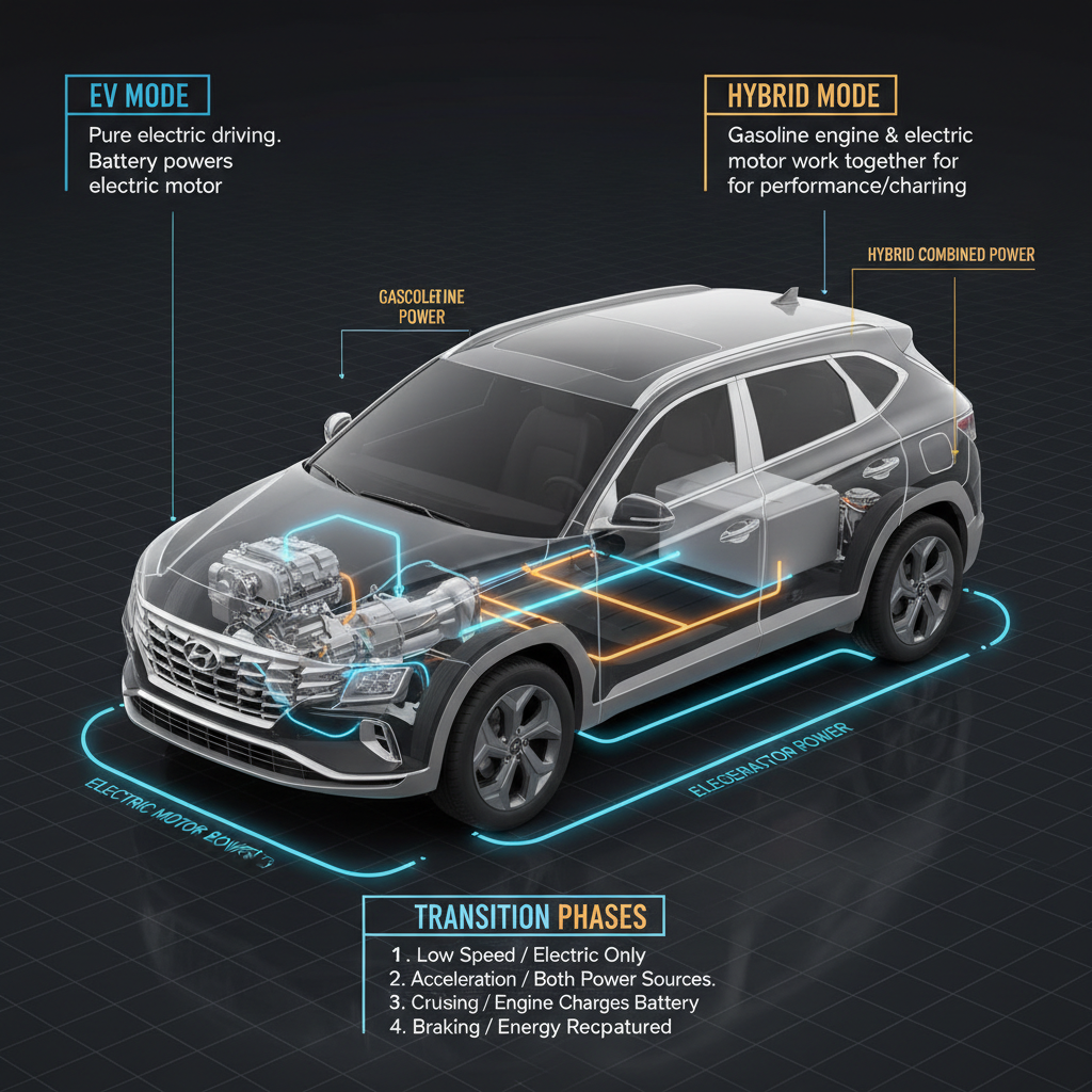 Diagram showing the hybrid vehicle powertrain modes, transition phases, and mechanical components of an SUV. (Representative image for illustration purposes only. Actual vehicle may vary based on trim and configuration.)
