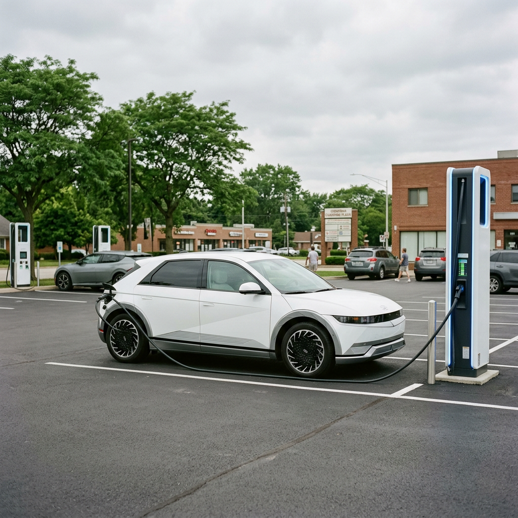 A white Hyundai Ioniq 5 electric vehicle charging at a station in a parking lot. (Representative image for illustration purposes only. Actual vehicle may vary based on trim and configuration.)