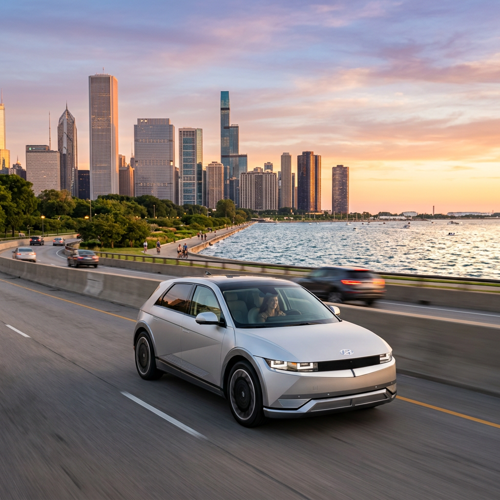 A silver Hyundai IONIQ 5 electric car driving on a scenic highway with the Chicago skyline in the background. (Representative image for illustration purposes only. Actual vehicle may vary based on trim and configuration.)