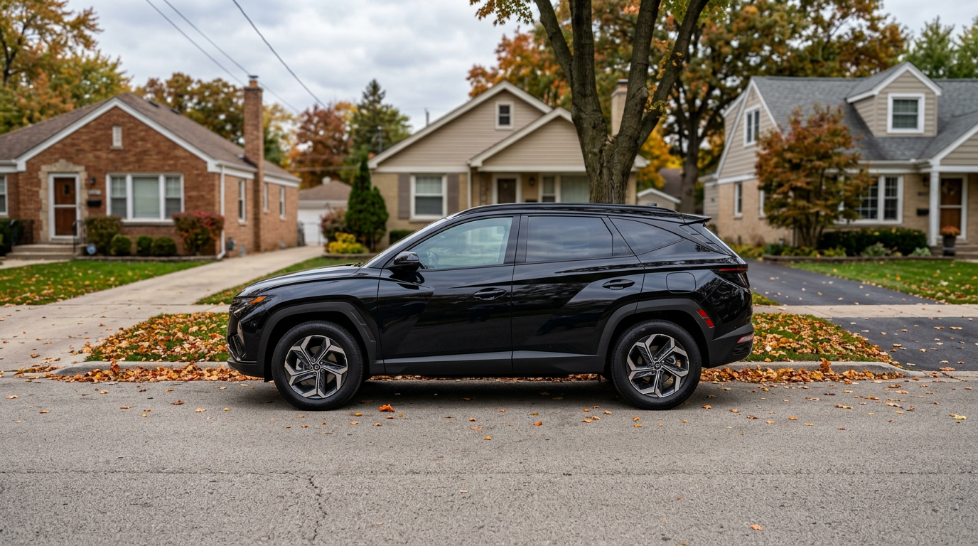A black Hyundai Tucson SUV parked on a residential street during autumn. (Representative image for illustration purposes only. Actual vehicle may vary based on trim and configuration.)