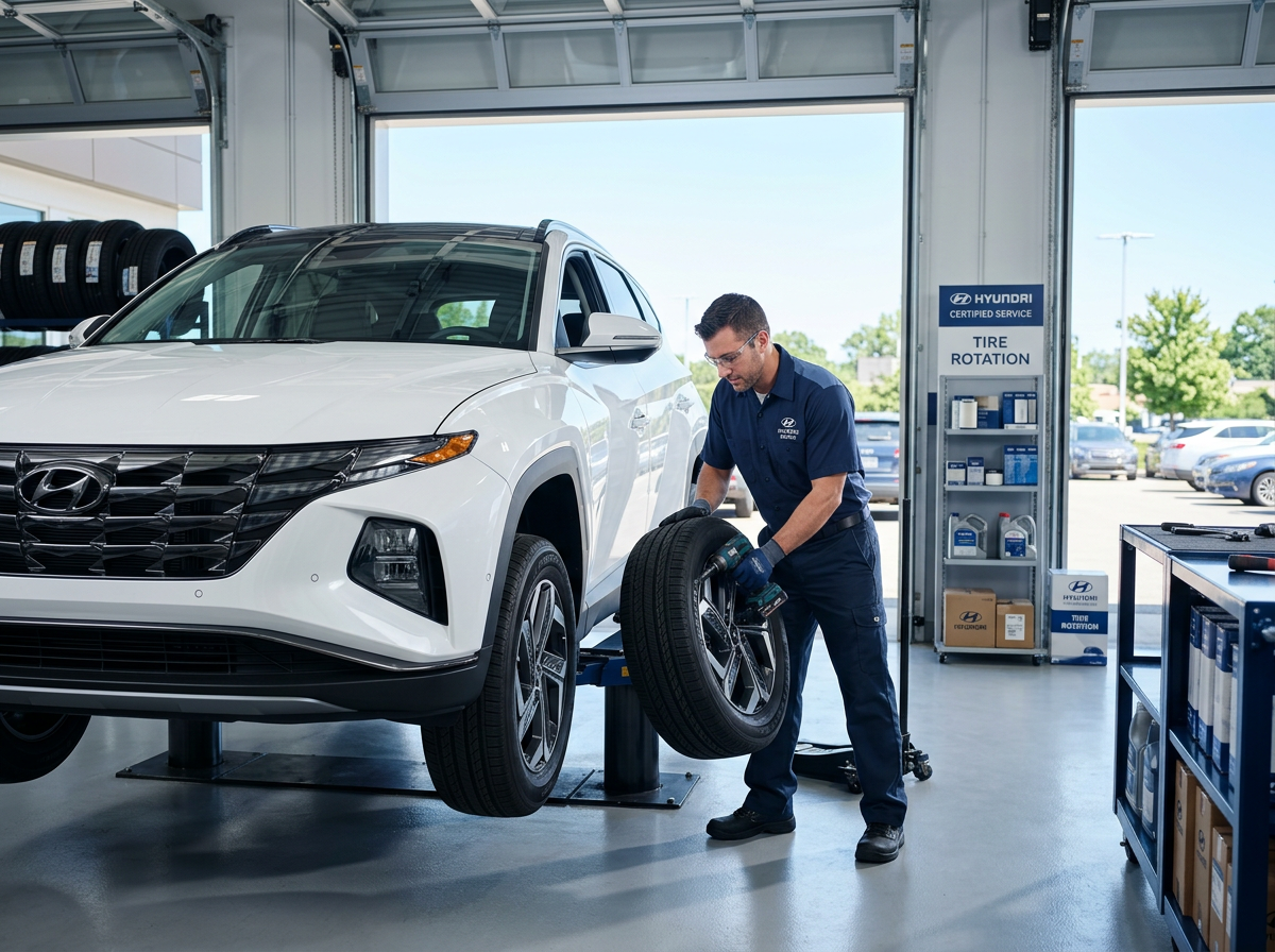 A Hyundai technician holding a tire next to a white SUV on a lift in a service bay. (Representative image for illustration purposes only. Actual vehicle may vary based on trim and configuration.)