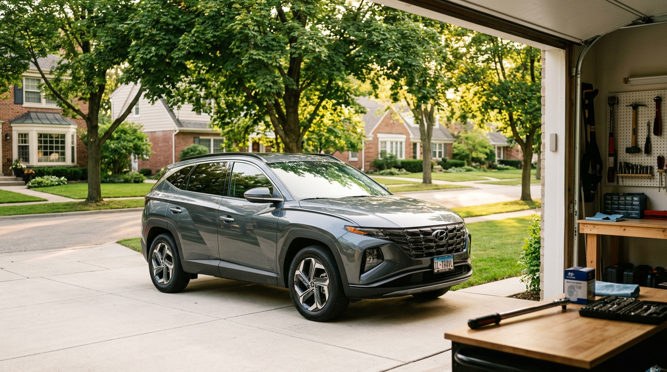Gray Hyundai Tucson parked on a suburban driveway outside a garage filled with tools. (Representative image for illustration purposes only. Actual vehicle may vary based on trim and configuration.)
