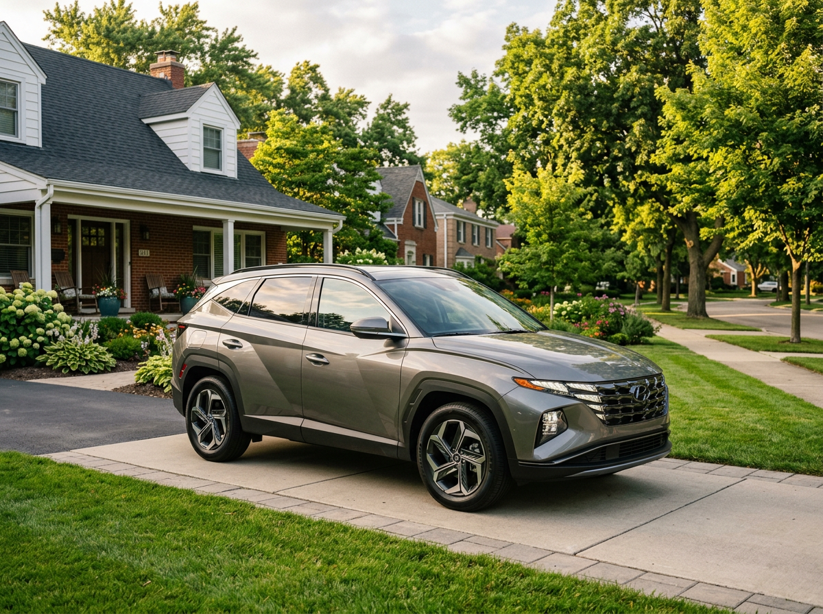 A gray Hyundai Tucson SUV parked on a concrete driveway in front of a brick suburban house. (Representative image for illustration purposes only. Actual vehicle may vary based on trim and configuration.)