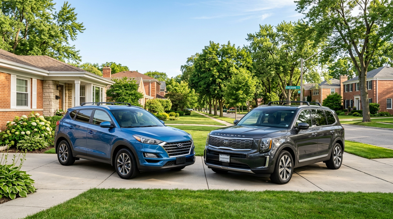 A blue Hyundai SUV and a dark gray Kia SUV parked side-by-side in a concrete driveway in front of a brick home. (Representative image for illustration purposes only. Actual vehicle may vary based on trim and configuration.)