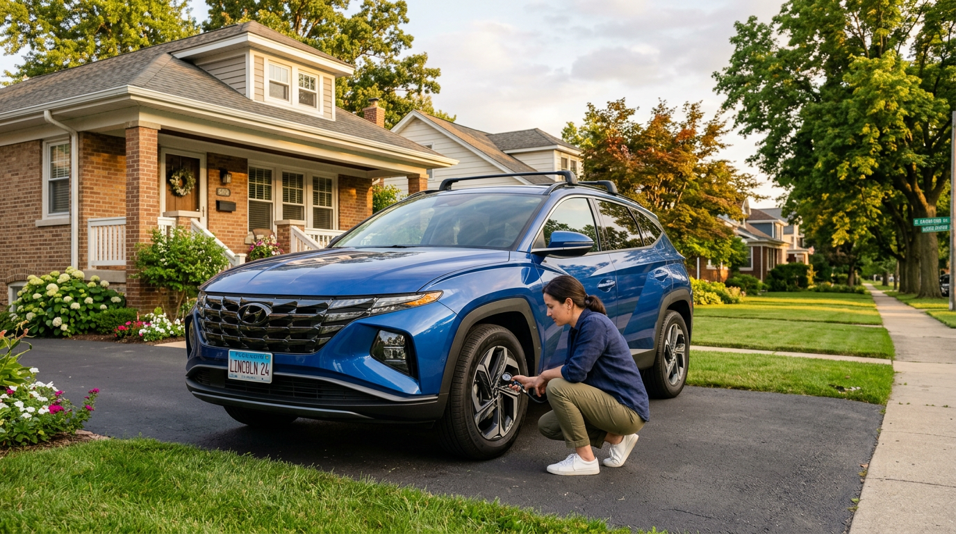 A woman squats next to a blue Hyundai SUV on a suburban driveway to check the front tire pressure. (Representative image for illustration purposes only. Actual vehicle may vary based on trim and configuration.)