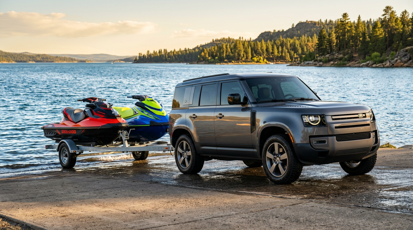 A grey Land Rover Defender towing two jet skis on a trailer at a boat ramp by a scenic mountain lake. (Representative image for illustration purposes only. Actual vehicle may vary based on trim and configuration.)