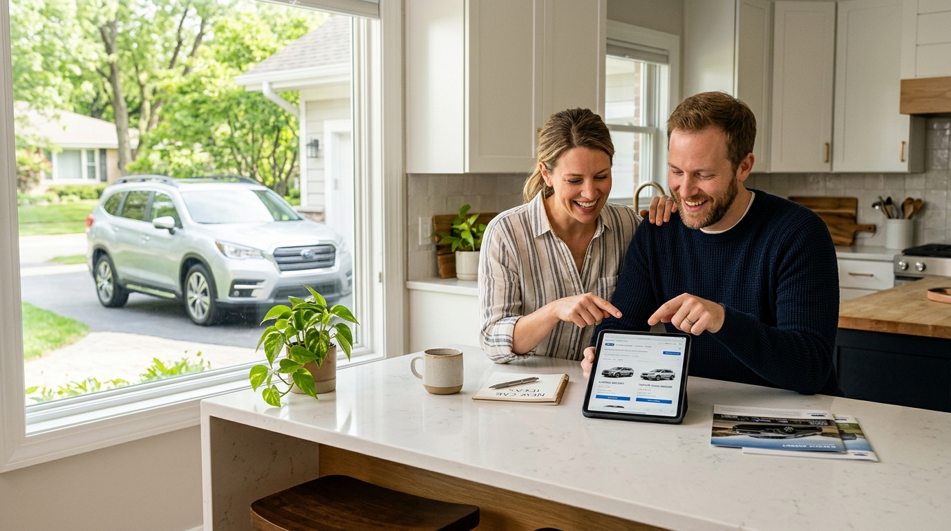 A smiling couple sits at a kitchen counter looking at new car options on a tablet, with an SUV parked outside. (Representative image for illustration purposes only. Actual vehicle may vary based on trim and configuration.)
