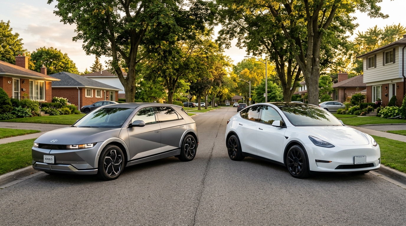 A matte grey Hyundai Ioniq 5 and a white Tesla Model Y parked side-by-side on a suburban street. (Representative image for illustration purposes only. Actual vehicle may vary based on trim and configuration.)