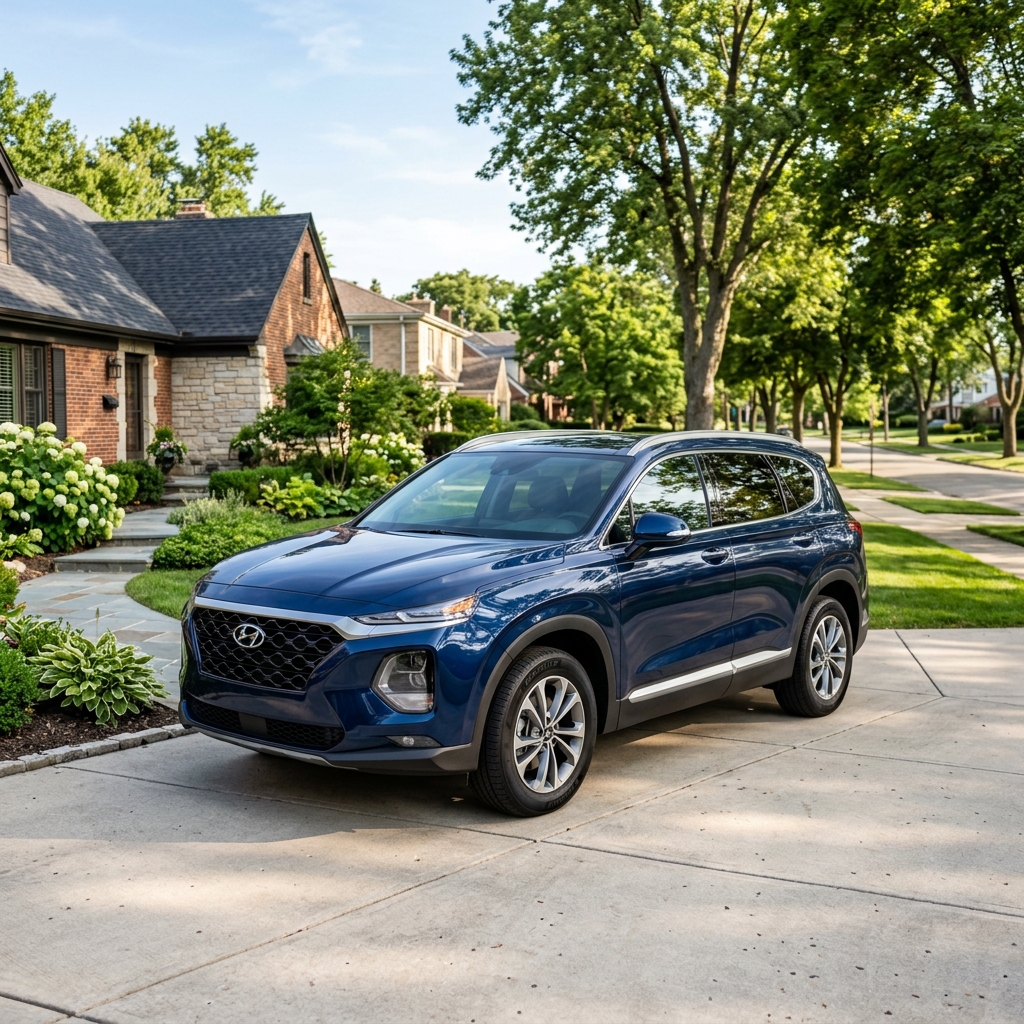 A dark blue Hyundai Santa Fe SUV parked on a concrete driveway in a sunny, green suburban neighborhood. (Representative image for illustration purposes only. Actual vehicle may vary based on trim and configuration.)