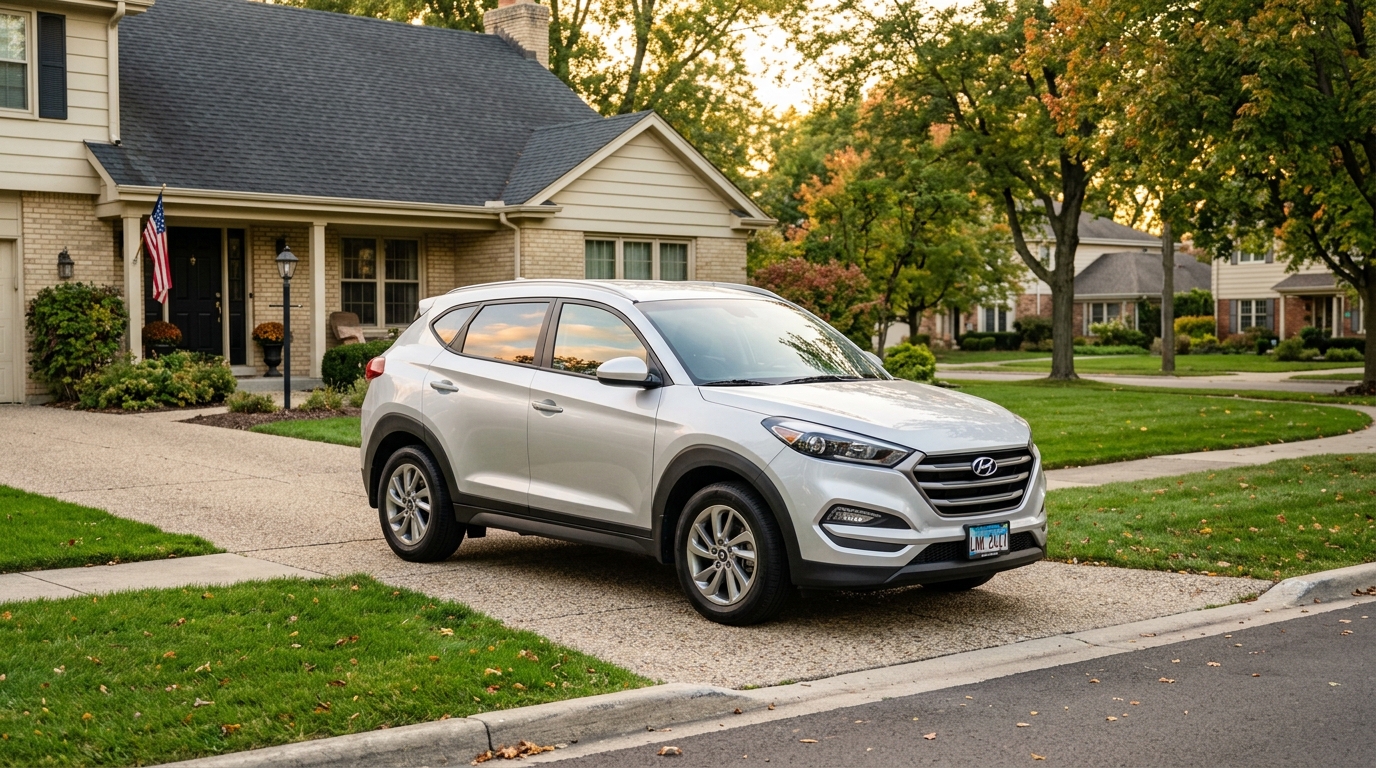 A silver Hyundai Tucson SUV parked on a paved suburban driveway in front of a two-story house. (Representative image for illustration purposes only. Actual vehicle may vary based on trim and configuration.)