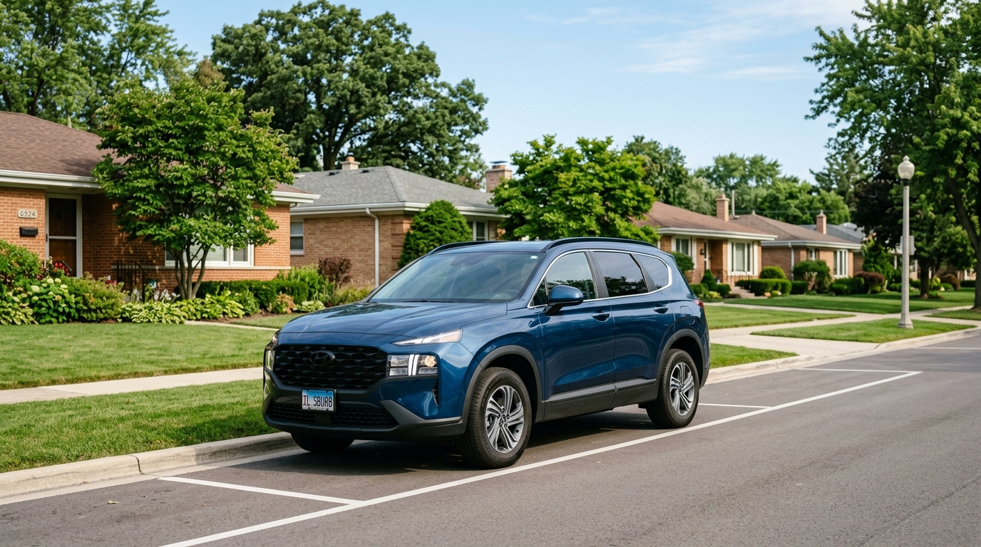 A blue Hyundai SUV parked along a curb on a quiet residential street lined with brick houses and green lawns. (Representative image for illustration purposes only. Actual vehicle may vary based on trim and configuration.)