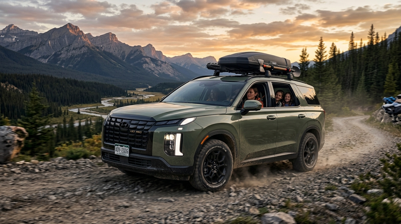 Olive green Hyundai Palisade driving on a rugged mountain trail with a family inside. (Representative image for illustration purposes only. Actual vehicle may vary based on trim and configuration.)