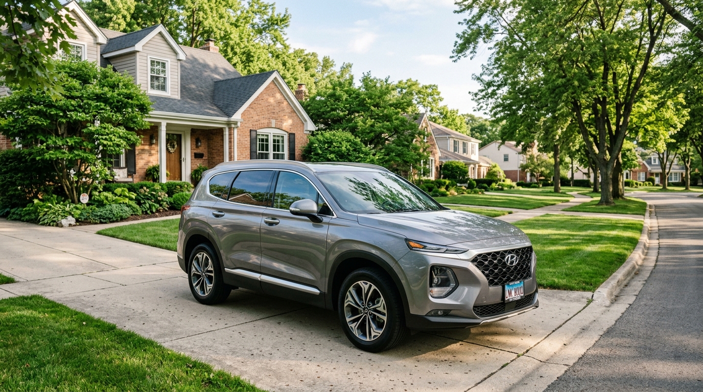 Silver Hyundai SUV parked in a concrete driveway of a suburban brick home under bright sunlight. (Representative image for illustration purposes only. Actual vehicle may vary based on trim and configuration.)