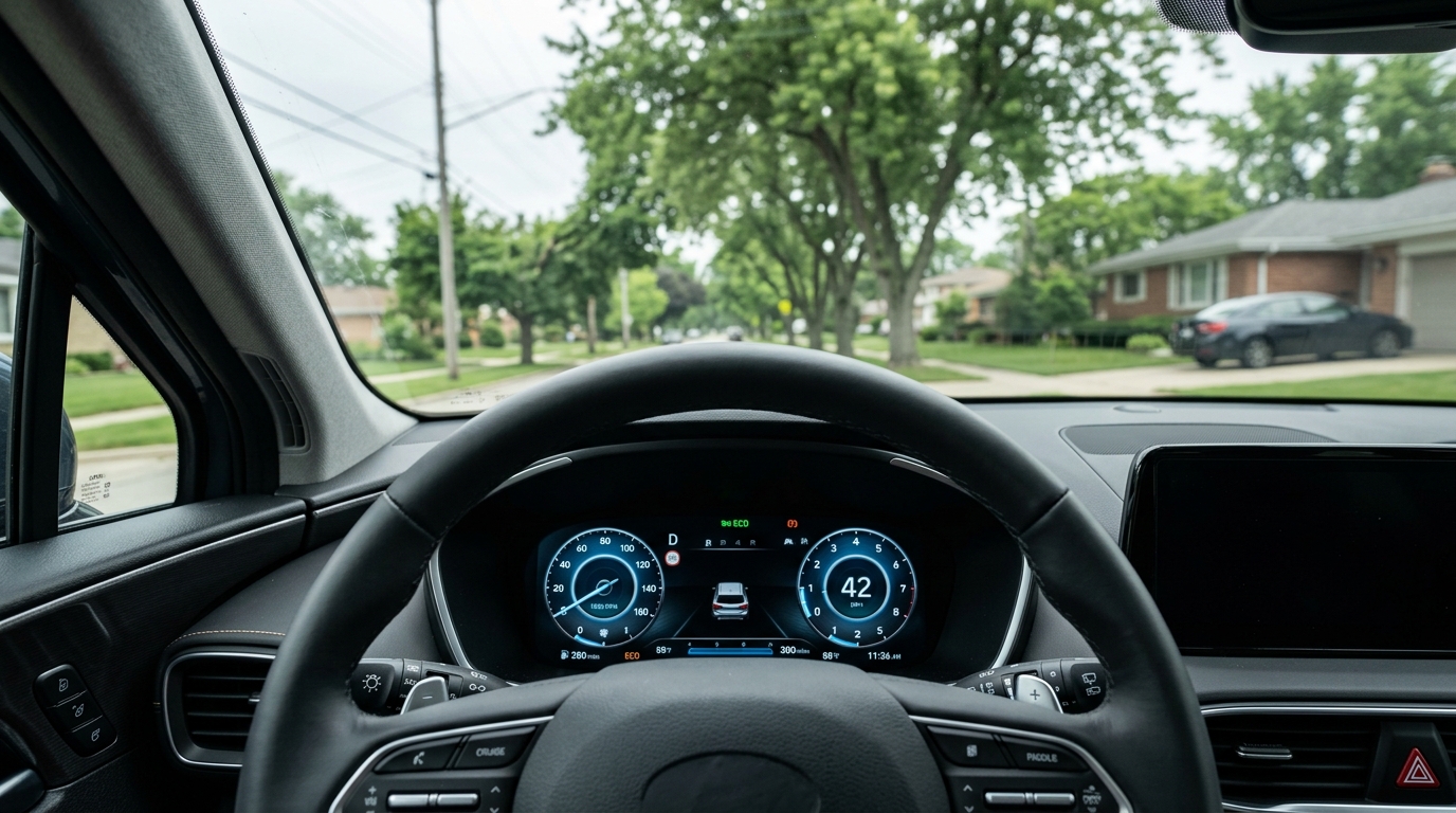 View from the driver's seat of a car showing a digital dashboard and a suburban street lined with trees. (Representative image for illustration purposes only. Actual vehicle may vary based on trim and configuration.)