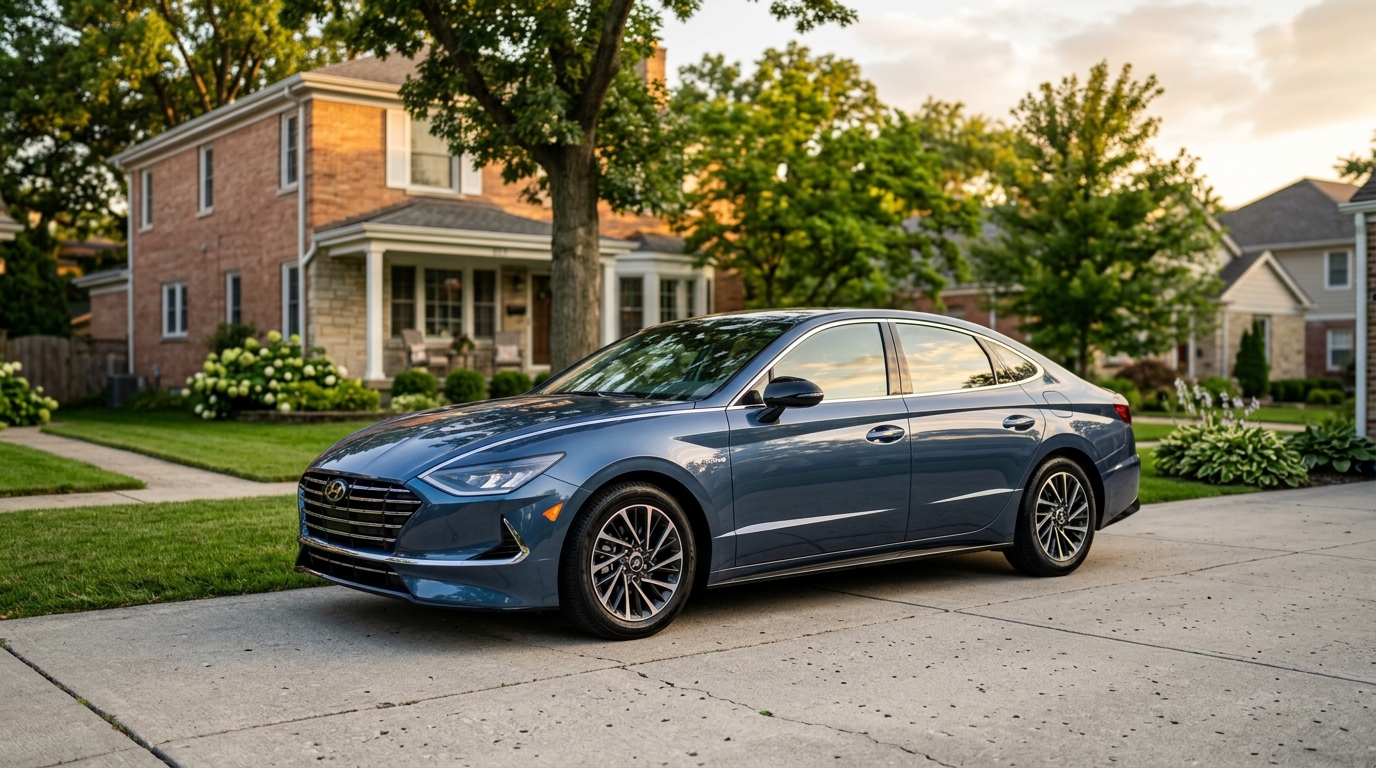 A blue-gray Hyundai Sonata sedan parked on a concrete driveway in front of a brick suburban house. (Representative image for illustration purposes only. Actual vehicle may vary based on trim and configuration.)