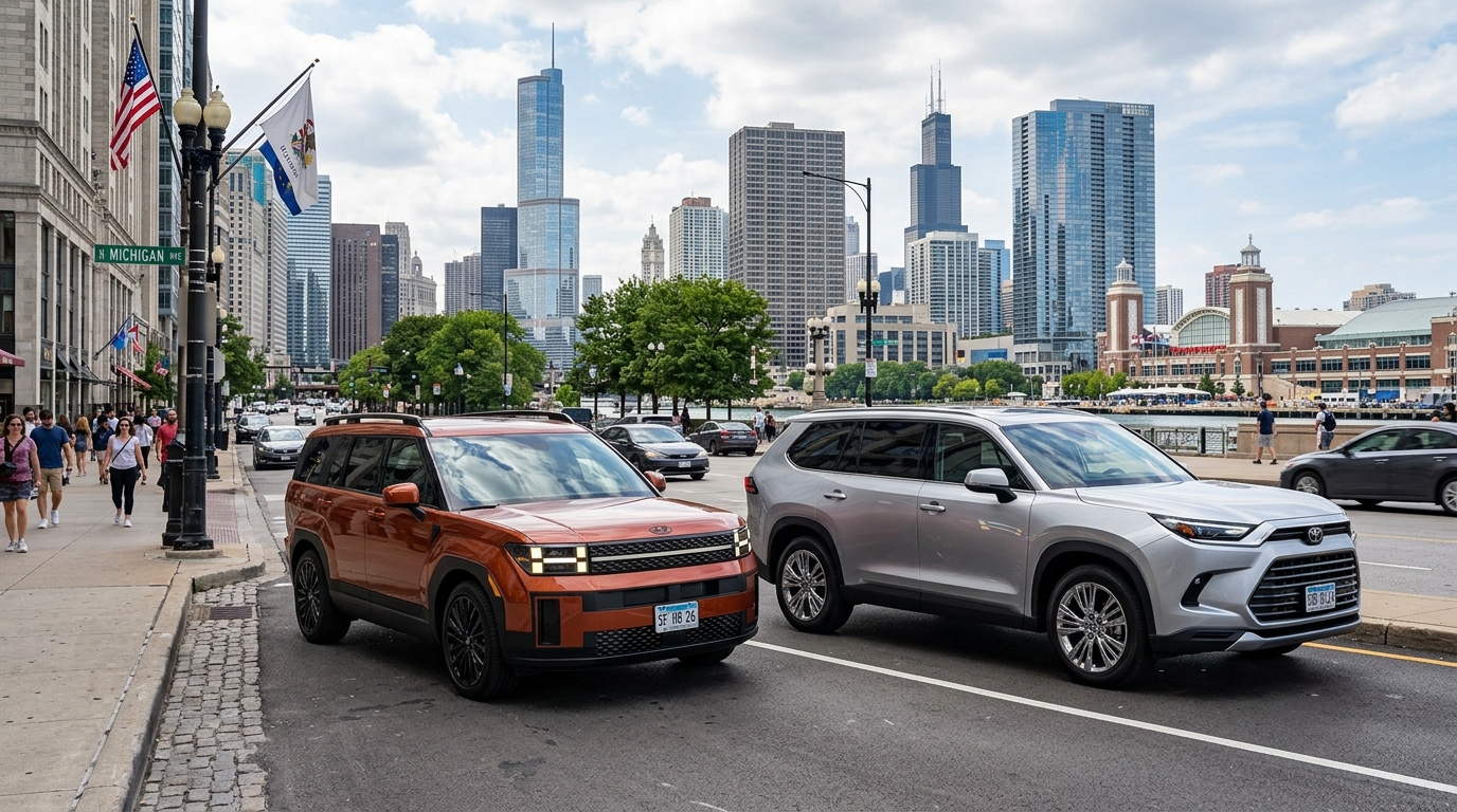 An orange Hyundai Santa Fe and a silver Toyota Grand Highlander on a Chicago street with the skyline in the background. (Representative image for illustration purposes only. Actual vehicle may vary based on trim and configuration.)