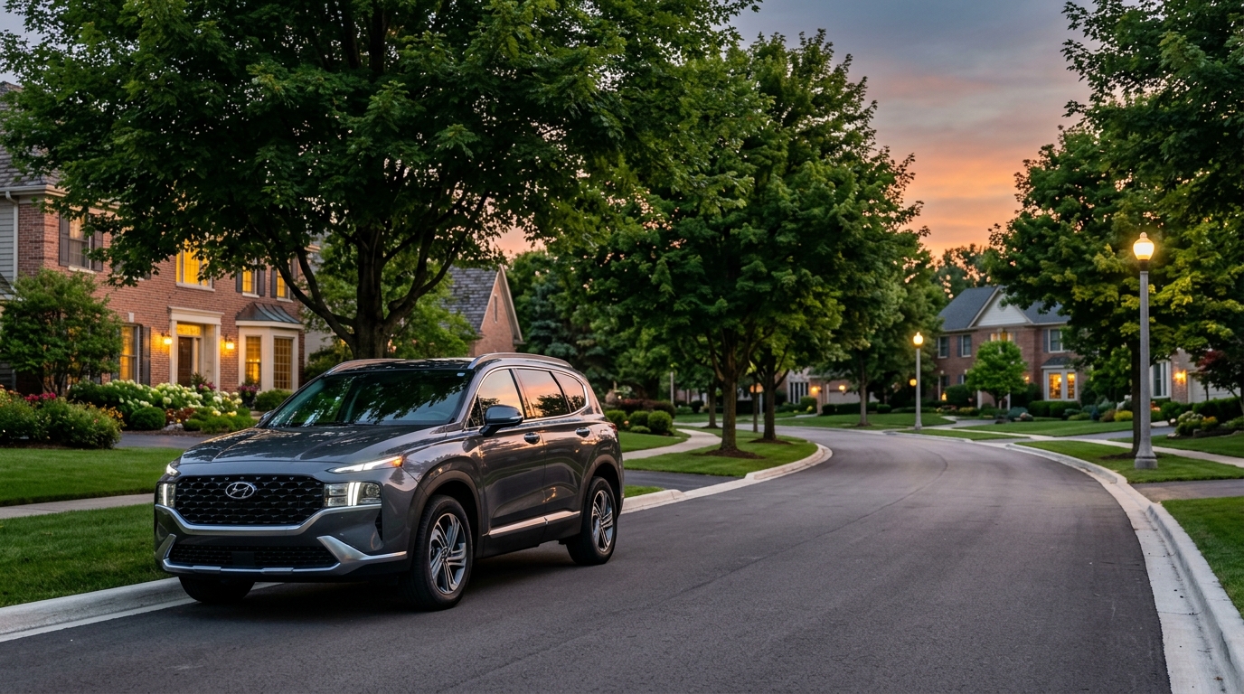 A dark grey Hyundai Santa Fe parked on a quiet, tree-lined suburban street at sunset. (Representative image for illustration purposes only. Actual vehicle may vary based on trim and configuration.)