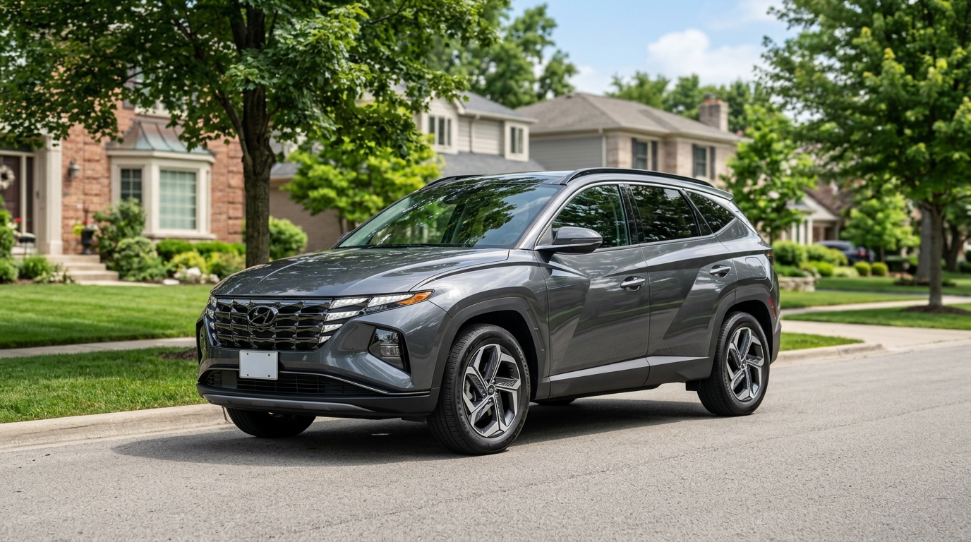 A dark gray Hyundai Tucson SUV parked on a quiet suburban street in front of residential homes. (Representative image for illustration purposes only. Actual vehicle may vary based on trim and configuration.)