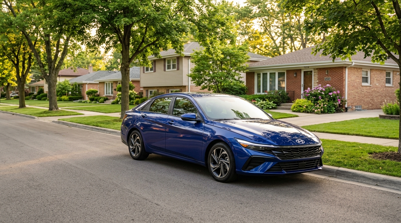 A modern blue Hyundai Elantra parked along a quiet suburban street lined with houses and green trees. (Representative image for illustration purposes only. Actual vehicle may vary based on trim and configuration.)