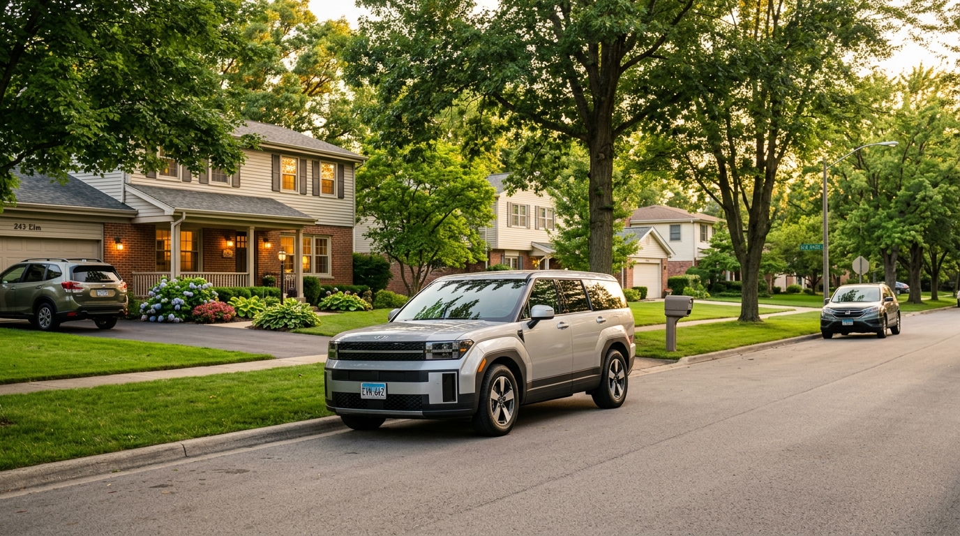 A silver SUV parked on a quiet, tree-lined suburban street in front of two-story houses. (Representative image for illustration purposes only. Actual vehicle may vary based on trim and configuration.)
