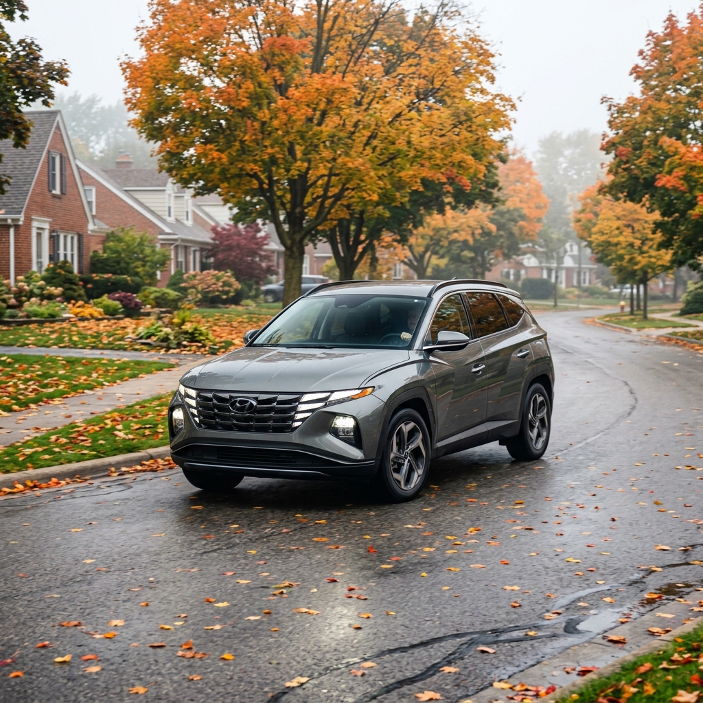 Gray Hyundai Tucson SUV driving on a wet suburban street scattered with colorful fallen autumn leaves. (Representative image for illustration purposes only. Actual vehicle may vary based on trim and configuration.)