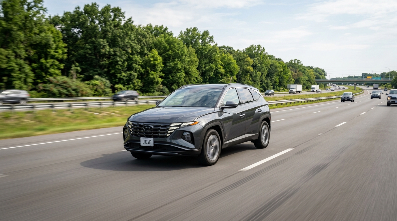 A dark grey Hyundai Tucson SUV driving along a multi-lane highway surrounded by trees under a clear sky. (Representative image for illustration purposes only. Actual vehicle may vary based on trim and configuration.)