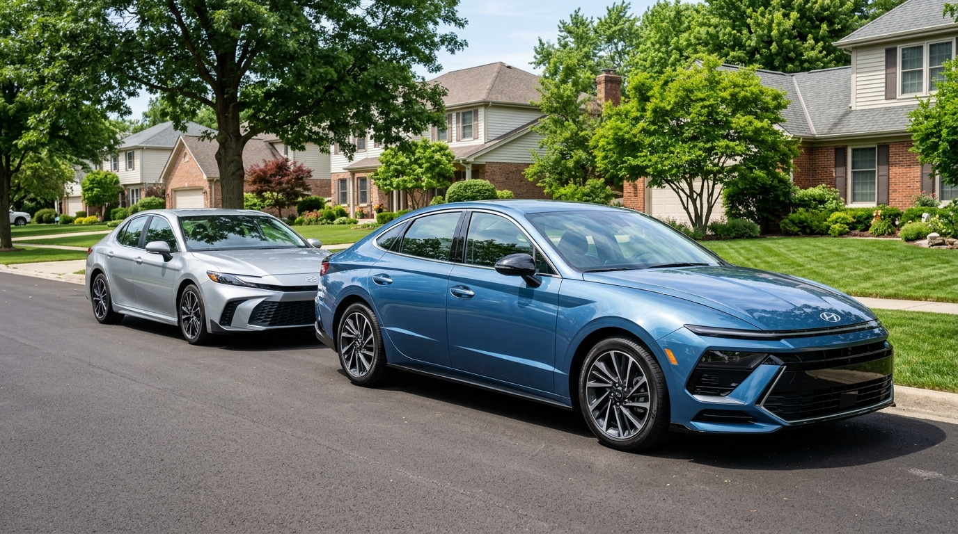 Blue Hyundai Sonata parked in front of a silver Toyota Camry on a suburban residential street. (Representative image for illustration purposes only. Actual vehicle may vary based on trim and configuration.)