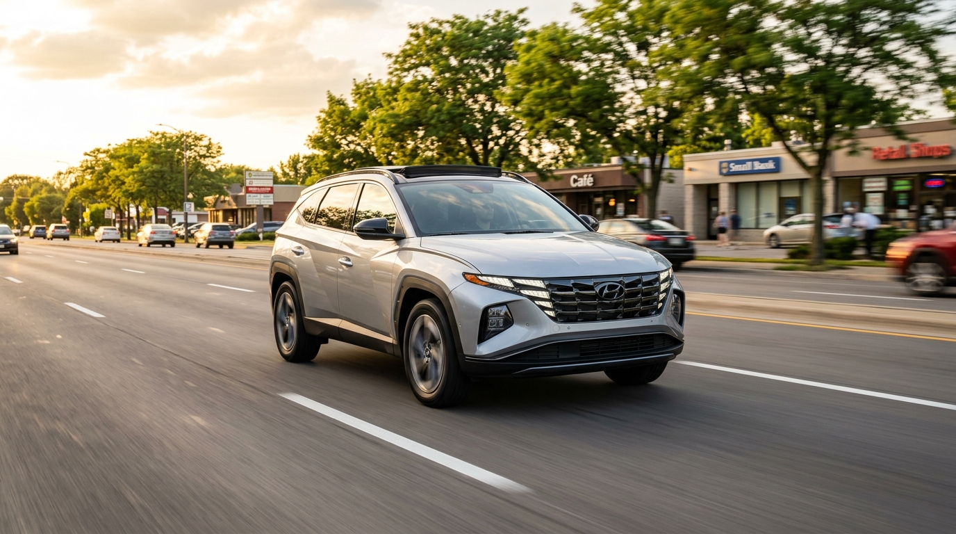 Silver Hyundai Tucson SUV driving down a suburban street during sunset (Representative image for illustration purposes only. Actual vehicle may vary based on trim and configuration.)