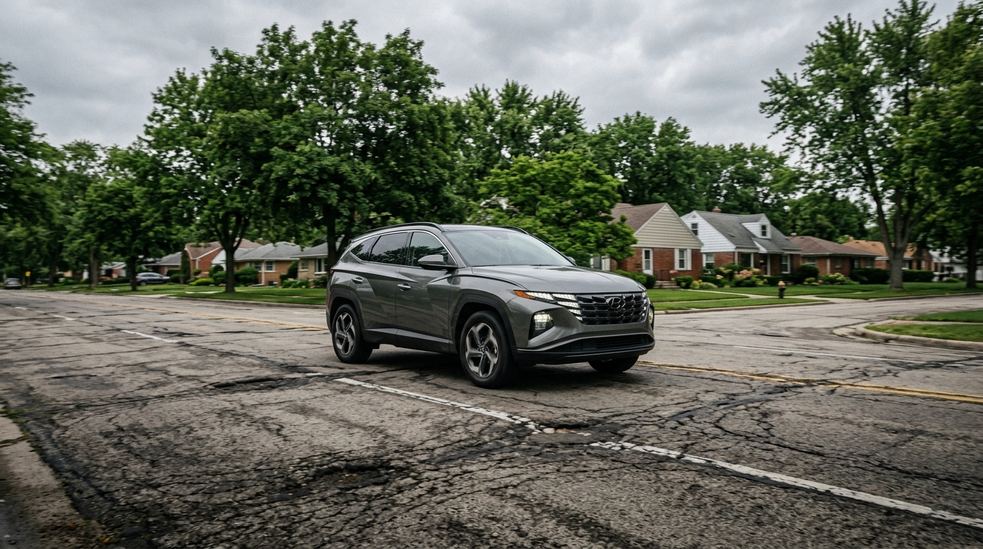 A dark gray Hyundai Tucson SUV on a cracked residential street with houses and trees in the background. (Representative image for illustration purposes only. Actual vehicle may vary based on trim and configuration.)