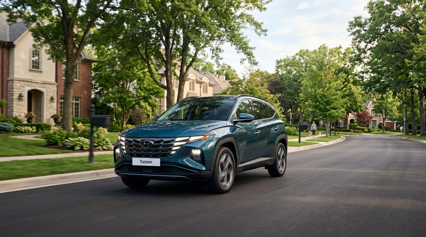 Teal Hyundai Tucson SUV driving along a tree-lined residential street past large suburban homes. (Representative image for illustration purposes only. Actual vehicle may vary based on trim and configuration.)