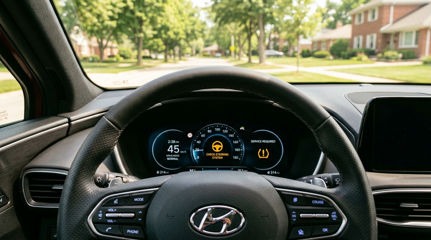 View from behind a Hyundai steering wheel showing digital dashboard warning lights for steering system and tire pressure. (Representative image for illustration purposes only. Actual vehicle may vary based on trim and configuration.)
