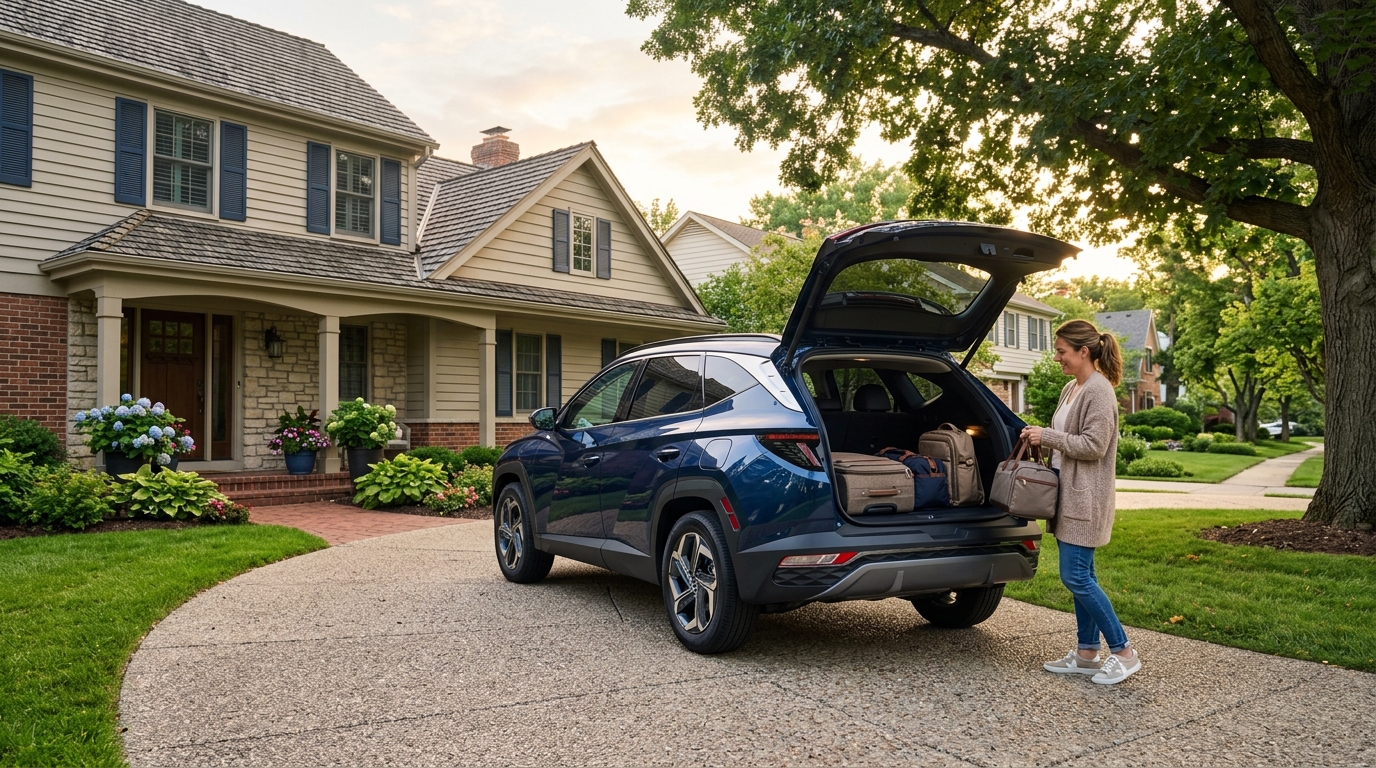 Woman loading bags and luggage into the open trunk of a blue SUV parked on a suburban driveway. (Representative image for illustration purposes only. Actual vehicle may vary based on trim and configuration.)