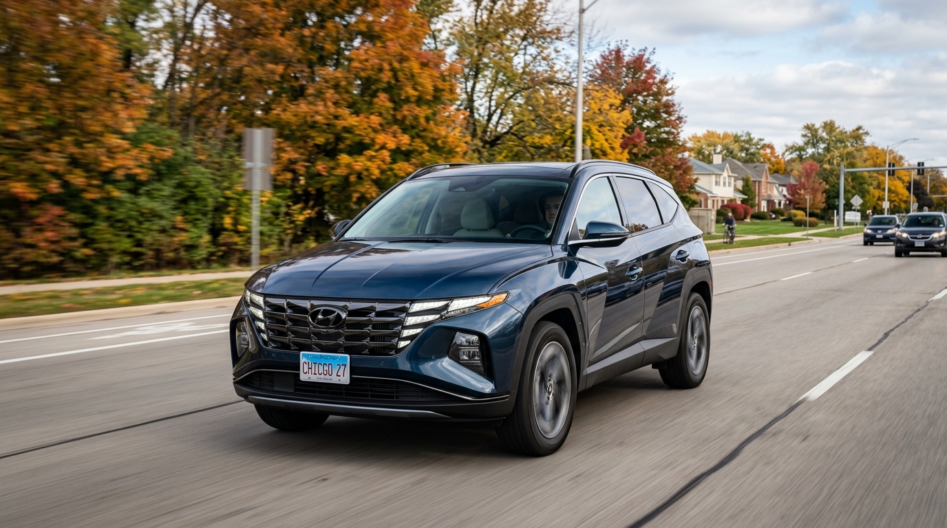 A dark blue Hyundai Tucson SUV driving along a suburban street surrounded by colorful autumn foliage. (Representative image for illustration purposes only. Actual vehicle may vary based on trim and configuration.)