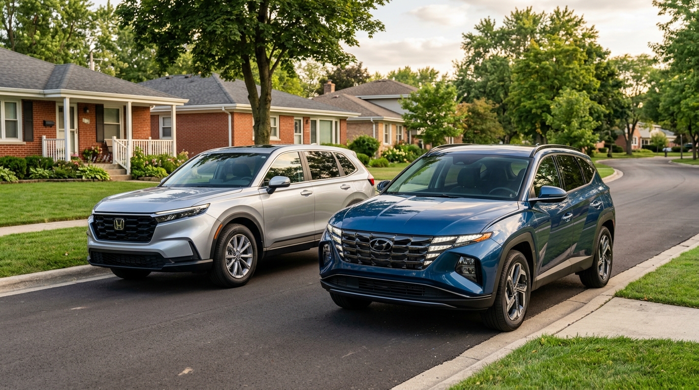 A silver Honda CR-V and a blue Hyundai Tucson parked side-by-side on a quiet suburban street. (Representative image for illustration purposes only. Actual vehicle may vary based on trim and configuration.)
