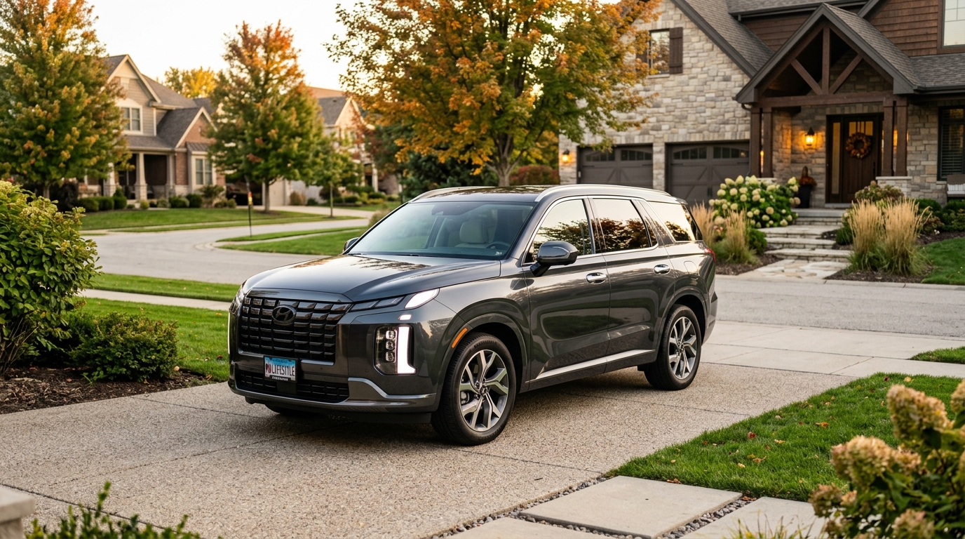Dark grey Hyundai Palisade SUV parked on a paved driveway in front of a luxury suburban house during autumn. (Representative image for illustration purposes only. Actual vehicle may vary based on trim and configuration.)