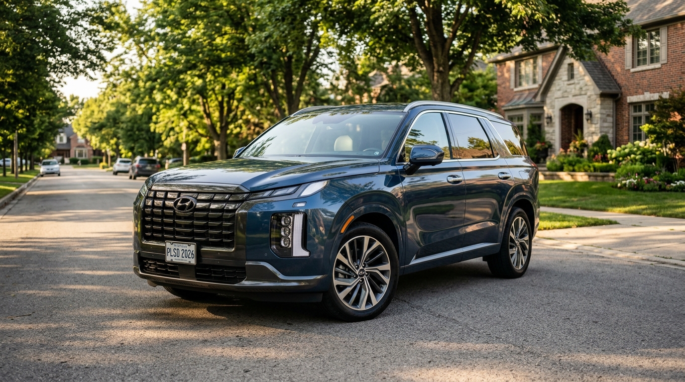 A dark blue Hyundai Palisade SUV parked on a sunny suburban residential street. (Representative image for illustration purposes only. Actual vehicle may vary based on trim and configuration.)