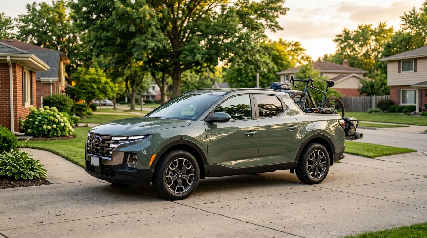 Sage green Hyundai Santa Cruz pickup truck with a bike loaded in the back, parked on a suburban driveway. (Representative image for illustration purposes only. Actual vehicle may vary based on trim and configuration.)