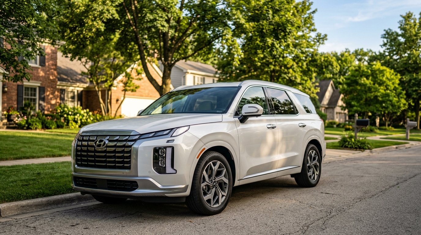 A white Hyundai Palisade SUV parked along a curb on a tree-lined residential street in front of brick houses. (Representative image for illustration purposes only. Actual vehicle may vary based on trim and configuration.)
