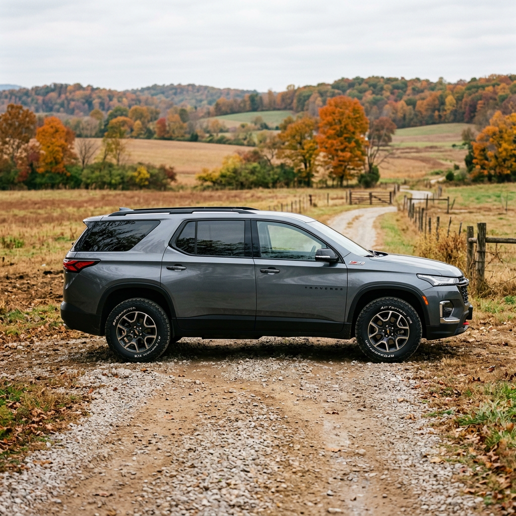 A gray Chevrolet Traverse Z71 parked on a dirt path in a rural countryside landscape. (Representative image for illustration purposes only. Actual vehicle may vary based on trim and configuration.)