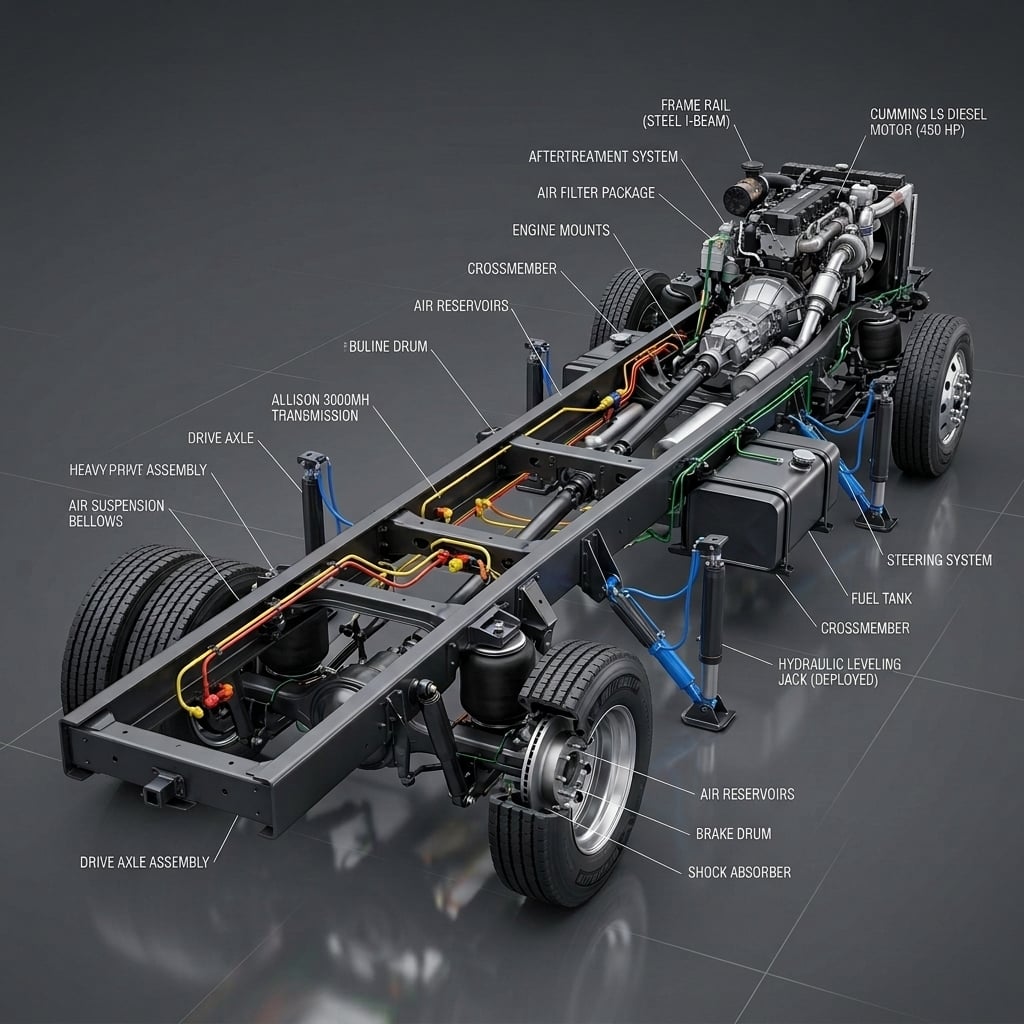 A detailed 3D technical engineering diagram and cutaway visualization of a Freightliner XCR diesel motorhome chassis. The long steel frame features a rear-mounted diesel engine, heavy-duty air suspension, drive axle assembly, hydraulic leveling components, and structural crossmembers. Rendered in a high-precision mechanical style with matte black steel, silver metallic parts, and vibrant accent colors on key hydraulic and air lines against a neutral dark gray backdrop. Clean studio lighting casts crisp, subtle reflections, highlighting the mechanical architecture and robust chassis design from a three-quarter perspective. (Representative image for illustration purposes only. Actual vehicle may vary based on trim and configuration.)