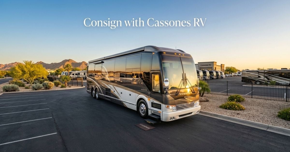 Luxury Prevost motorhome parked at Cassones RV dealership during sunset with consignment text overhead. (Representative image for illustration purposes only. Actual vehicle may vary based on trim and configuration.)