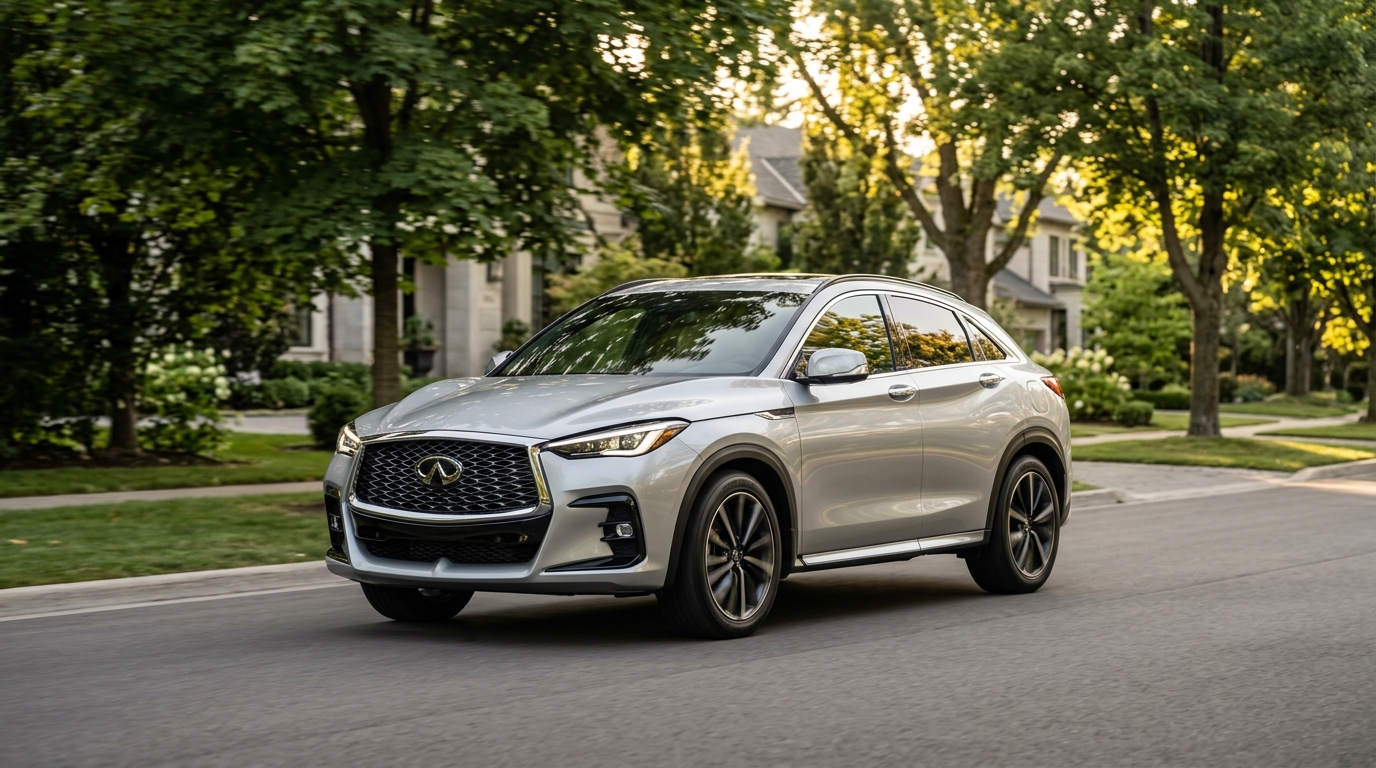 A silver Infiniti QX55 luxury crossover driving along a tree-lined residential street during daytime. (Representative image for illustration purposes only. Actual vehicle may vary based on trim and configuration.)