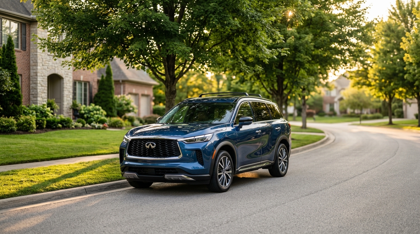 Dark blue Infiniti QX60 SUV parked along the curb of a quiet, sunlit residential suburban street. (Representative image for illustration purposes only. Actual vehicle may vary based on trim and configuration.)
